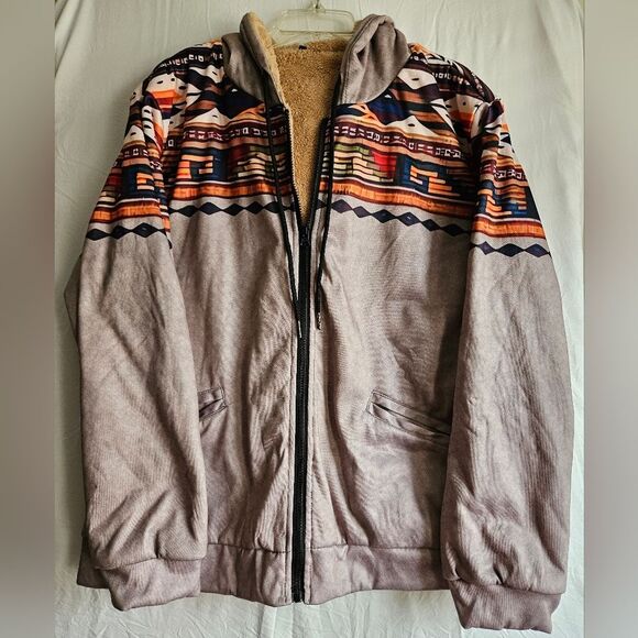 Tribal Print Soft Shell Hooded Jacket Men's Sz XL Sherpa Lined Pockets Full Zip - Picture 1 of 10